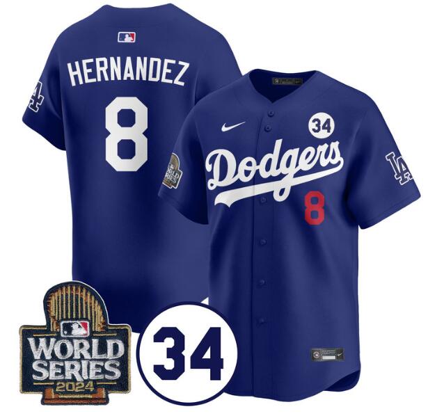 Men's Los Angeles Dodgers #8 Enrique Hernández Royal 2024 World Series With No. 34 Patch Limited Stitched Baseball Jersey Men's Los Angeles Dodgers #8 Enrique Hernández Royal 2024 World Series With No. 34 Patch Limited Stitched Baseball Jersey